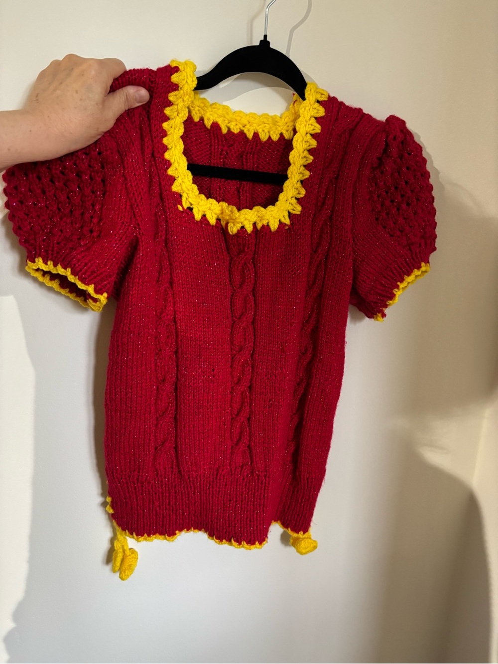 Handmade Kids Red Knit Costume Top with Yellow Trim